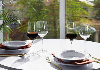 Glasses of wine on table in restaurant
