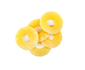 Slices of delicious sweet canned pineapple on white background, top view