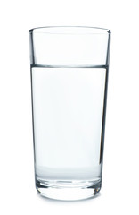 Glass of cold clear water on white background. Refreshing drink