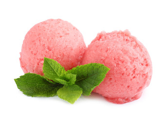 Scoops of delicious strawberry ice cream with mint on white background