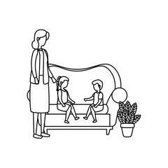 cute grandmother with kids in the sofa characters