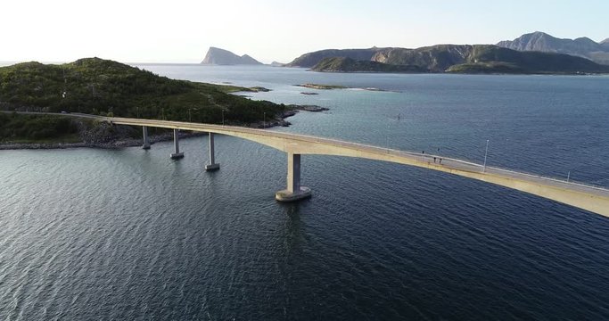 NORWAY, SOMMAROY - JULI 29, 2019 - Aerial footage of Sommaroy bridge in Sommaroy archipelago near town Tromso
