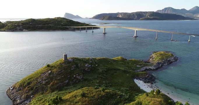 NORWAY, SOMMAROY - JULI 29, 2019 - Aerial footage of Vardholmen island and Sommaroy bridge in Sommaroy archipelago near town Tromso