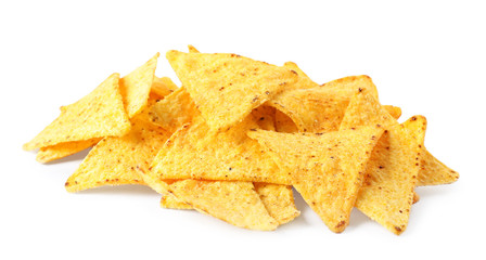 Fototapeta premium Pile of tasty Mexican nachos chips on white background