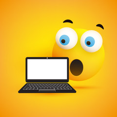 Surprised Emoji, Emoticon with Pop Out Eyes and Laptop Computer on Yellow Background - Vector Design
