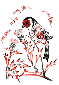 recommend clip art: goldfinch on Thistle in the style of Khokhloma