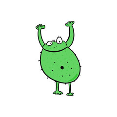 Funny and happy monster in green color. Cartoon sketch. Childish isolated ink illustration on white.