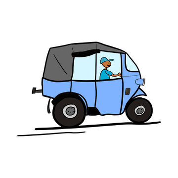Bajaj, traditional public transportation vehicle of Indonesia. Old blue cartoon bajaj with a driver, sketch. Childish isolated ink illustration on white.