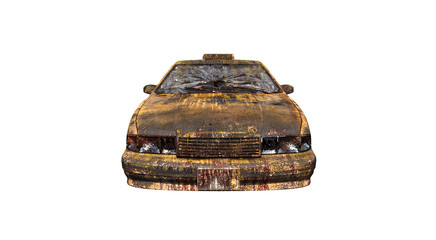 Yellow American ruined taxi front view