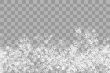 Snowflakes on transparent grey background. Horizontal winter pattern