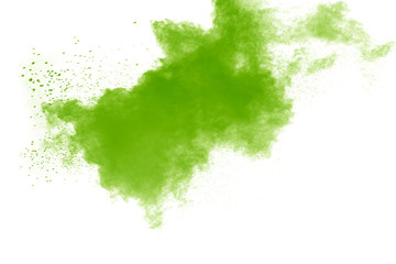 Fototapeta na wymiar Green color powder explosion cloud on white background. Green dust splash.
