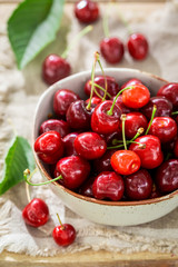 Closeup of delicious sweet cherries in a sunny day