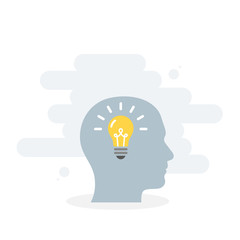 Male head and brain vector icon. Light bulb. Concept of creativity, idea, solution. Vector illustration, flat design