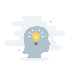 Female head and brain vector icon. Light bulb. Concept of creativity, idea, solution. Vector illustration, flat design