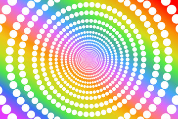 Circular white round dots pattern on colorful texture background, gradient rainbow colors, used LGBTQ (lesbian, gay, bisexual, transgender, and questioning) pride flag colors. Vector illustration.