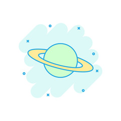 Saturn icon in comic style. Planet vector cartoon illustration on white isolated background. Galaxy space business concept splash effect.