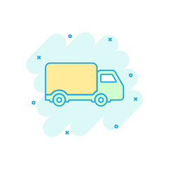 Delivery truck sign icon in comic style. Van vector cartoon illustration on white isolated background. Cargo car business concept splash effect.