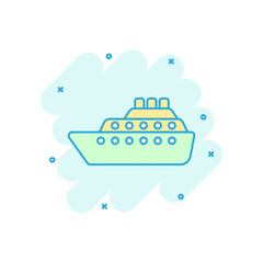 Ship cruise sign icon in comic style. Cargo boat vector cartoon illustration on white isolated background. Vessel business concept splash effect.