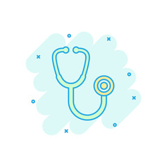 Stethoscope sign icon in comic style. Doctor medical vector cartoon illustration on white isolated background. Hospital business concept splash effect.