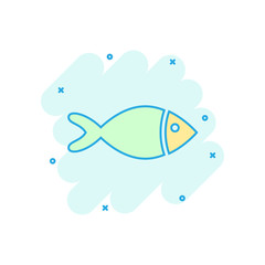 Fish sign icon in comic style. Goldfish vector cartoon illustration on white isolated background. Seafood business concept splash effect.