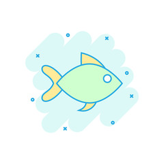 Fish sign icon in comic style. Goldfish vector cartoon illustration on white isolated background. Seafood business concept splash effect.