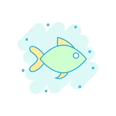 Foto auf Alu-Dibond Fish sign icon in comic style. Goldfish vector cartoon illustration on white isolated background. Seafood business concept splash effect. © Lysenko.A