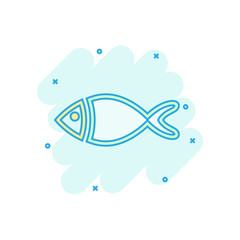 Fish sign icon in comic style. Goldfish vector cartoon illustration on white isolated background. Seafood business concept splash effect.
