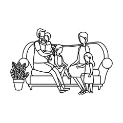 cute grandparents couple with little kids in the sofa