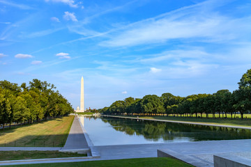 Washington monument reflected on the reflecting pool in nation mall, Washington DC, USA.