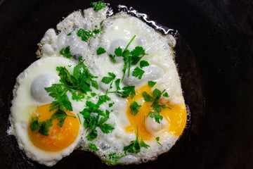 Sunny side up fried eggs with parsley decoration on cast iron frying pan. Concept of home made cuisine or healthy food with protein nutrition. Close up flat lay image