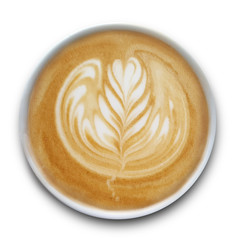 Top view of a mug of latte art coffee isolted on white background.