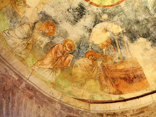 Demre, Turkey - July 2, 2019: Ancient frescoes in St. Nicholas Byzantine Greek Church in Demre,...