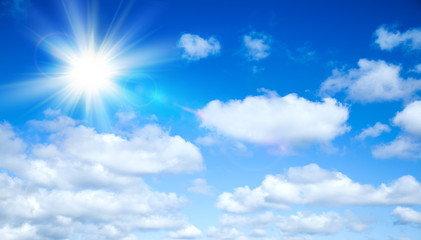Naklejka na ściany i meble Sunny background, blue sky with clouds and sun