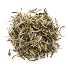 Dry white tea leaves isolated on white background.