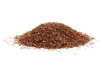 Heap of rooibos tea leaves on white background.