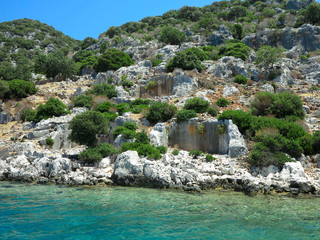 The sunken ruins on the island of Kekova, ancient Lycian city of Simena, Antalya, Turkey.