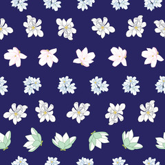 Magnolia flowers seamless pattern on blue background