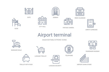 airport terminal concept 14 outline icons