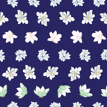 Magnolia flowers seamless pattern on blue background © Elinnet