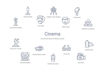 Fototapeta na wymiar cinema concept 14 outline icons