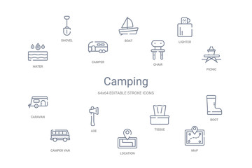 Fototapeta na wymiar camping concept 14 outline icons