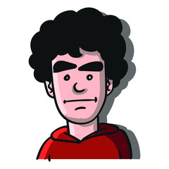 neutral look of a black-haired boy with red sweater. illustration, doodle.