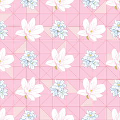 Seamless magnolia flowers pattern on pink triangles background