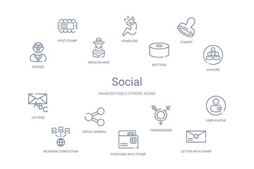 social concept 14 outline icons
