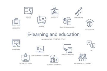 e-learning and education concept 14 outline icons