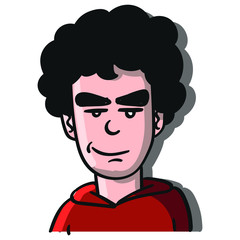 Portrait of a boy who looks bored and unimpressed. black curls, red pullover, illustration, vector.
