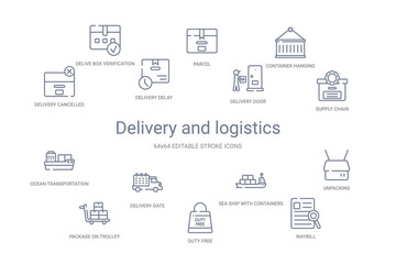 Fototapeta na wymiar delivery and logistics concept 14 outline icons