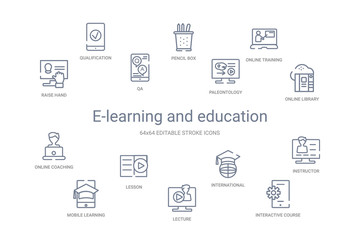 e-learning and education concept 14 outline icons