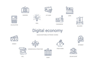 digital economy concept 14 outline icons