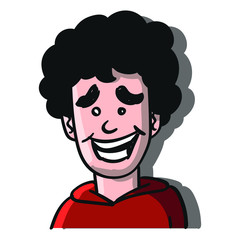 Vector comic illustration of a boy with curls laughing embarrassed. red pullover.